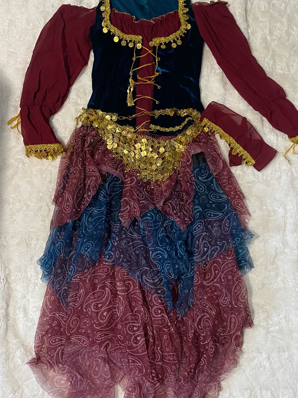Women's Burgundy and Navy Gypsy Theater Dress with Gold Coin Trim
